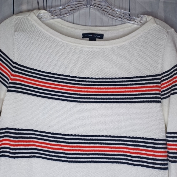Tommy Hilfiger White Striped Nautical Preppy  Long Sleeve Lightweight Sweater - Picture 4 of 11